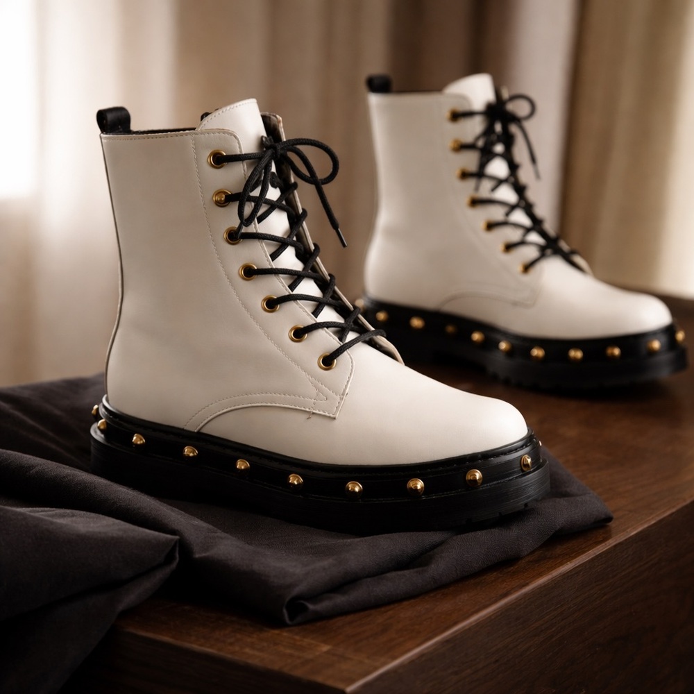 Versace White Leather Lace-Up Combat Boots with Gold Studs